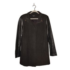 EILEEN FISHER $298 Black Wool Melton Coat Leather Sleeves Zip Front Medium